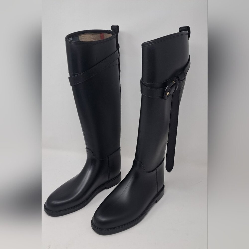 Burberry Women's Rain Boots Knee High Equestrian Black Belt Italy 36 EU 6 US